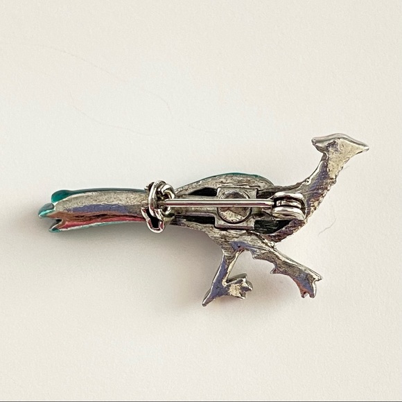 Roadrunner Brooch Pin Silver Tone Rhinestone and Teal Enamel - Picture 2 of 4